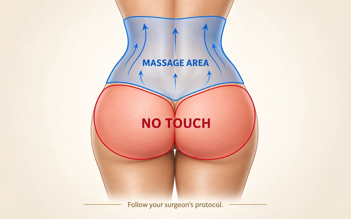Diagram showing the BBL recovery massage area across the flanks and lower back, with the grafted gluteal area marked no touch and a note to follow your surgeon's protocol