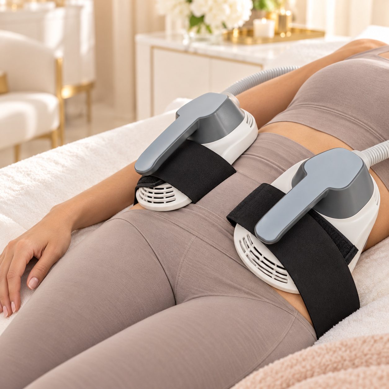 Two EMS muscle toning applicators strapped over a client's lower abdomen and hips during a session in Houston