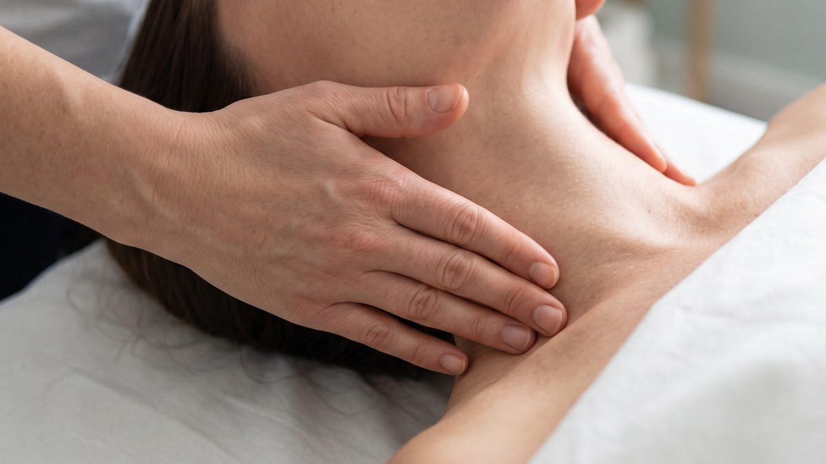 Therapist using flat, gentle hand contact along the side of the neck and under the jaw during lymphatic drainage
