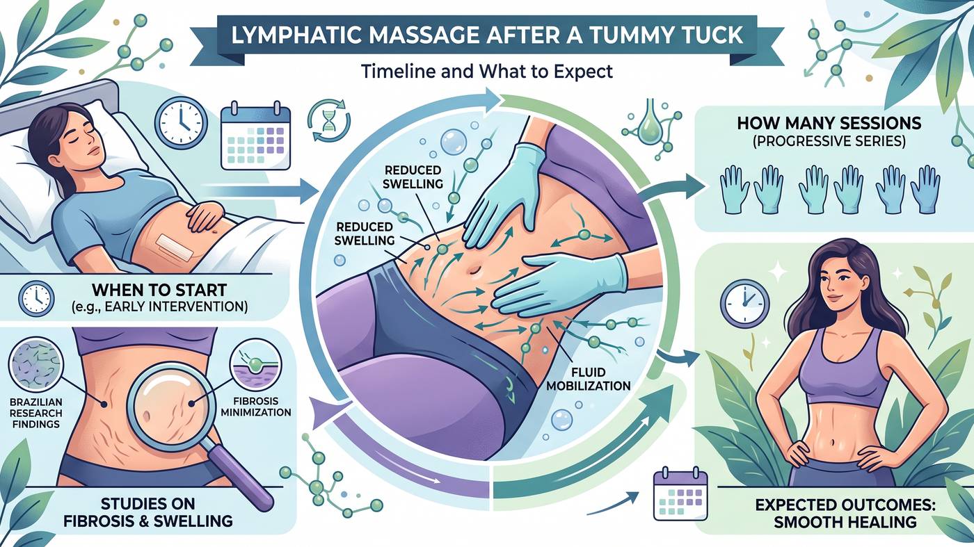 Lymphatic massage after a tummy tuck: timeline and what to expect Illustrated timeline of lymphatic massage after a tummy tuck, covering when to start, fluid mobilisation, how many sessions and expected recovery