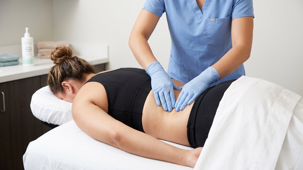 Terapeuta trabajando la espalda baja de una paciente boca abajo con faja de compresión después de un BBL