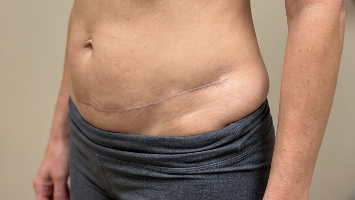 Dog ear at the end of a tummy tuck incision, hip and flank, Houston Side view of a healed tummy tuck incision rising toward the hip, the corner where a dog ear forms