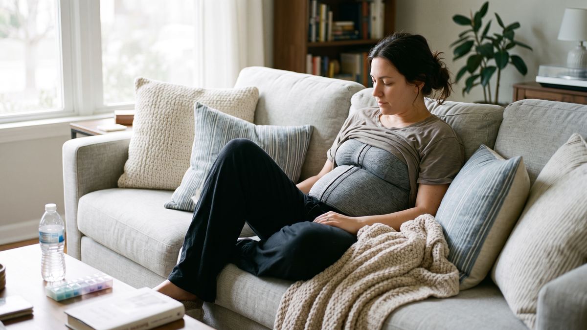 Woman in a post-surgical compression garment resting on a sofa at home during tummy tuck recovery