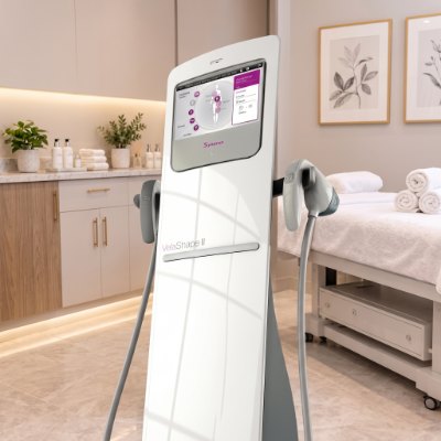 VelaShape III Machine – Cellulite & Body Contouring | Carolina Pintos Therapy Houston VelaShape III body contouring machine with its two applicators, next to a treatment bed in a bright treatment room
