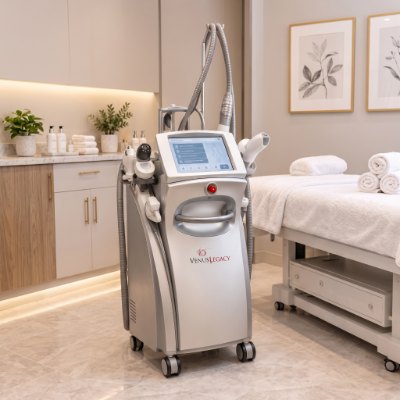 Venus Legacy Machine – RF Skin Tightening & Cellulite Treatment | Carolina Pintos Therapy Houston Venus Legacy radiofrequency body contouring machine with its applicators, next to a treatment bed in a bright treatment room