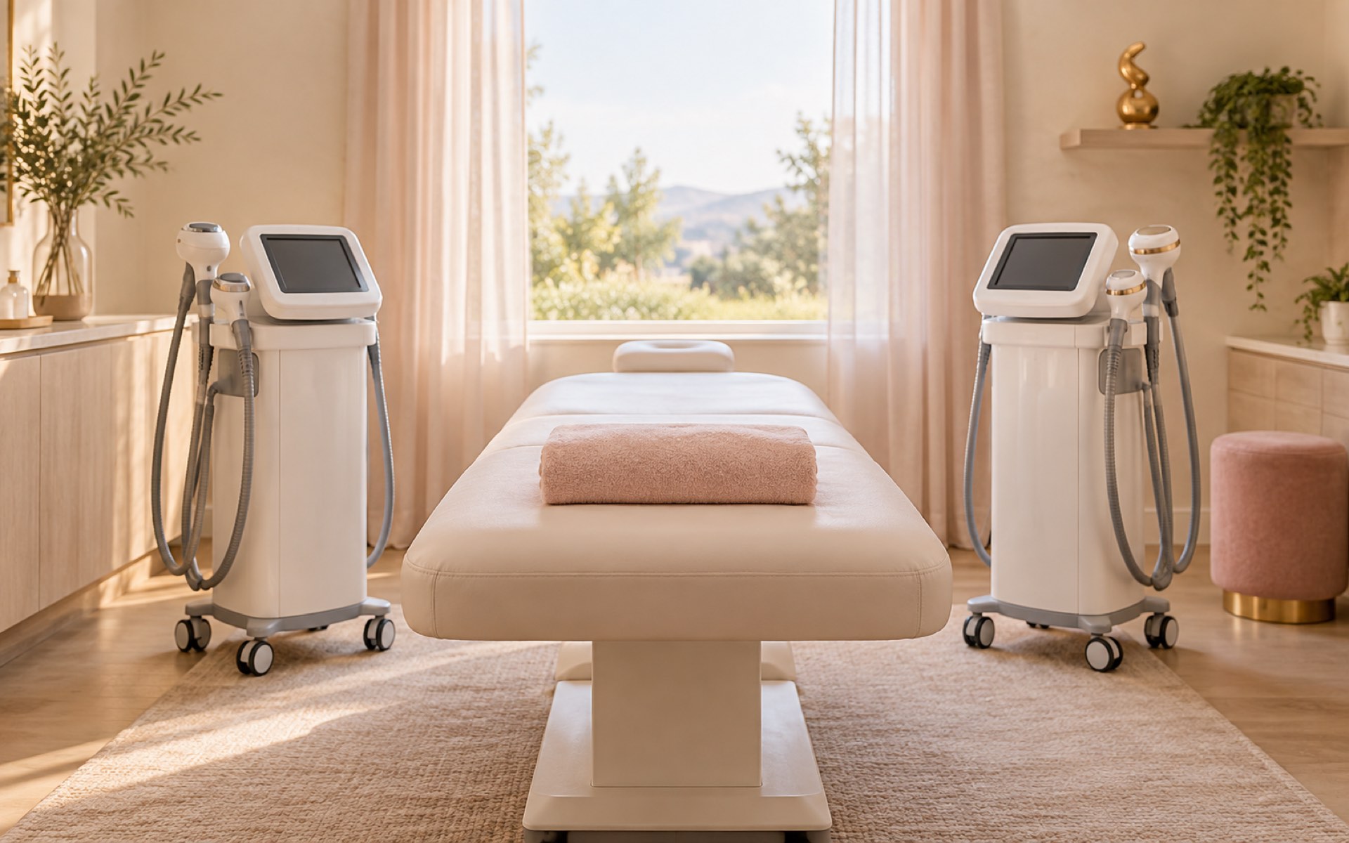 venus-legacy-vs-velashape-iii-houston VelaShape III and Venus Legacy machines side by side in a Houston treatment room