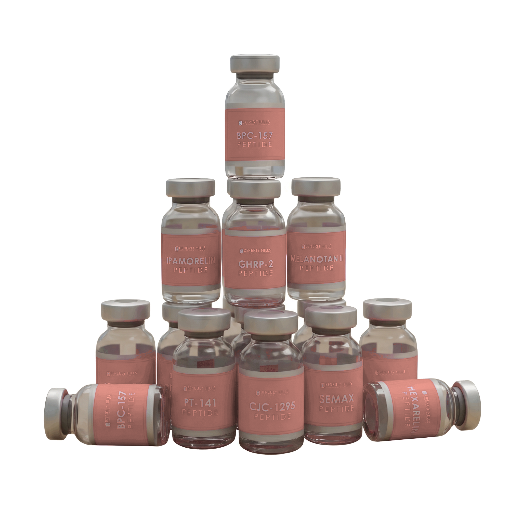 Stack of clear glass peptide vials with blush-pink labels on a transparent background